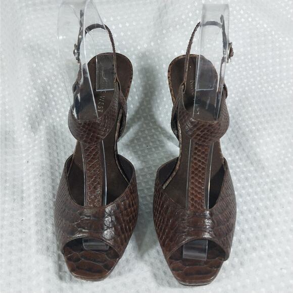 NINE WEST! ESPRESSO BROWN GENUINE LEATHER, T BAR LIZARD IMPRINT HEELS! SZ 7M - Picture 4 of 12